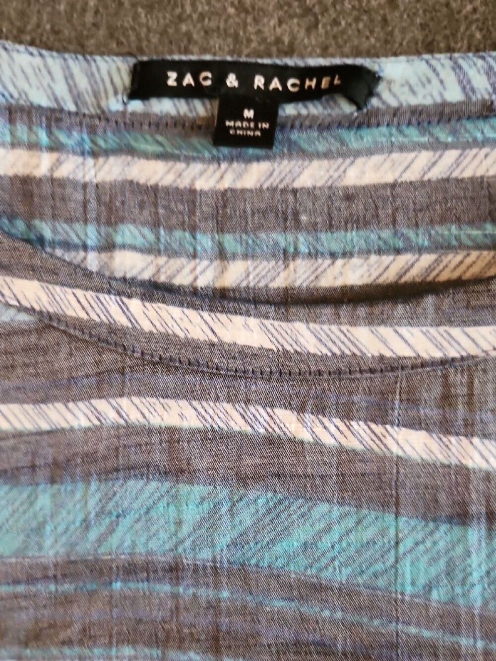 Zac & Rachel Womens Blue & Gray Striped Short Sleeve Blouse Size Medium Oversize - Picture 2 of 8